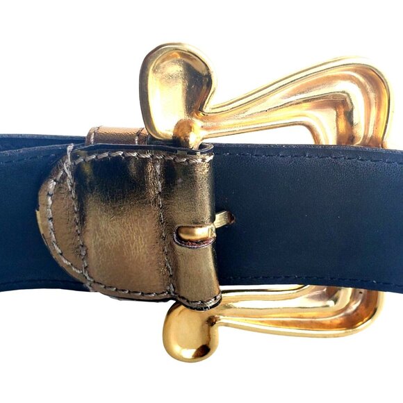 Vintage 80s Belt Womens Medium 34 Metallic Leather Brass Buckle Avignon Spain - Picture 6 of 11